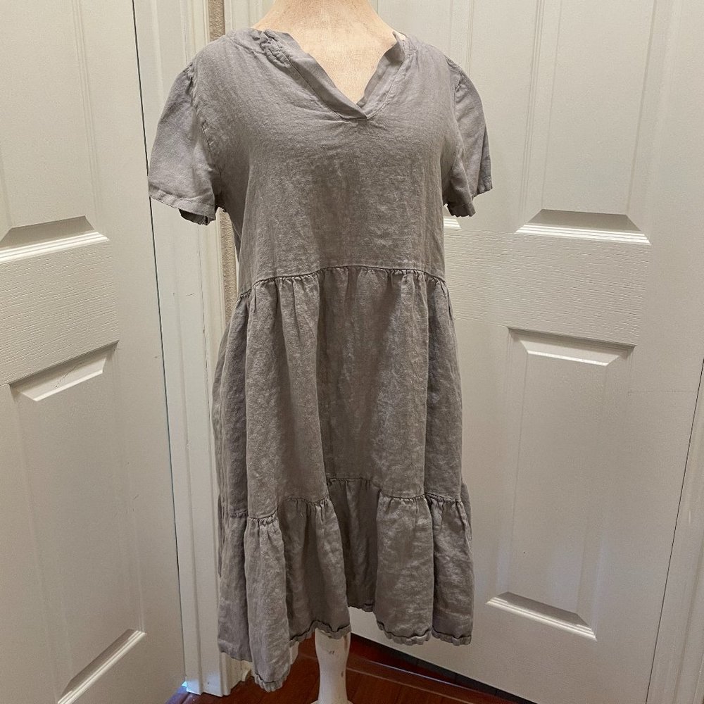 Francesca Bettini Women's 100% Linen Midi Dress Size M Gray Tiered Design (NEW)